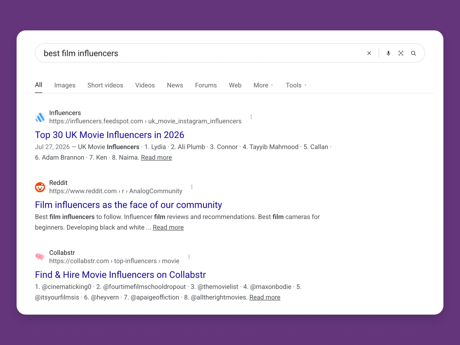 Google results for best film bloggers