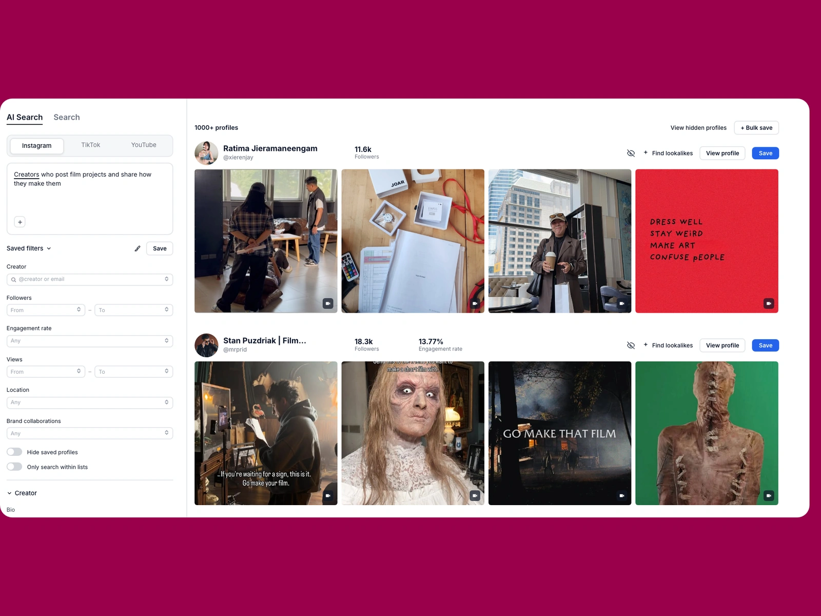 Modash AI search for film creators