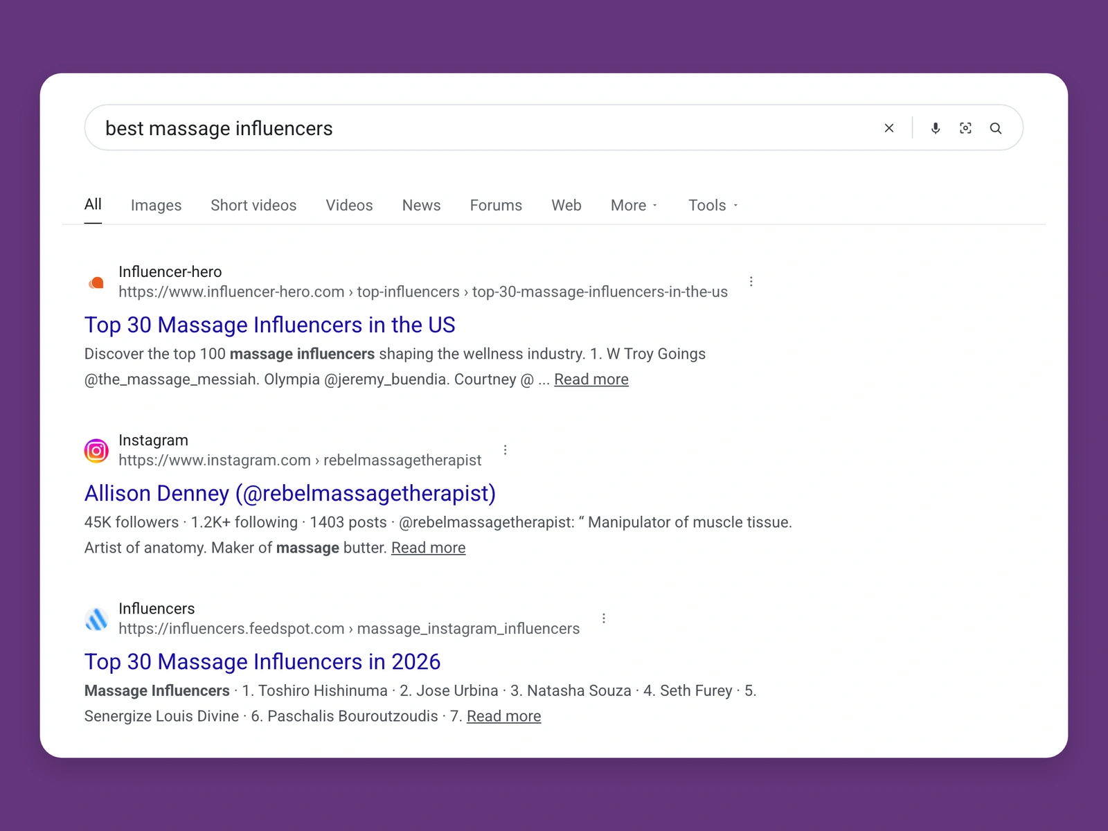 Google results for best massage bloggers