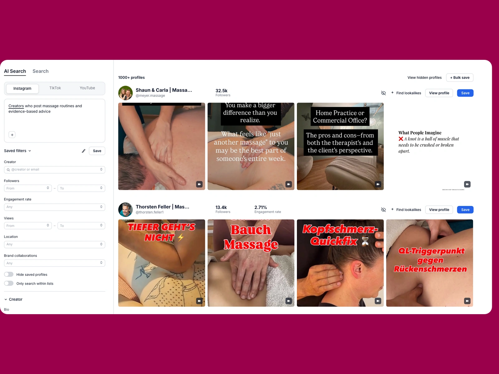Modash AI search for massage creators