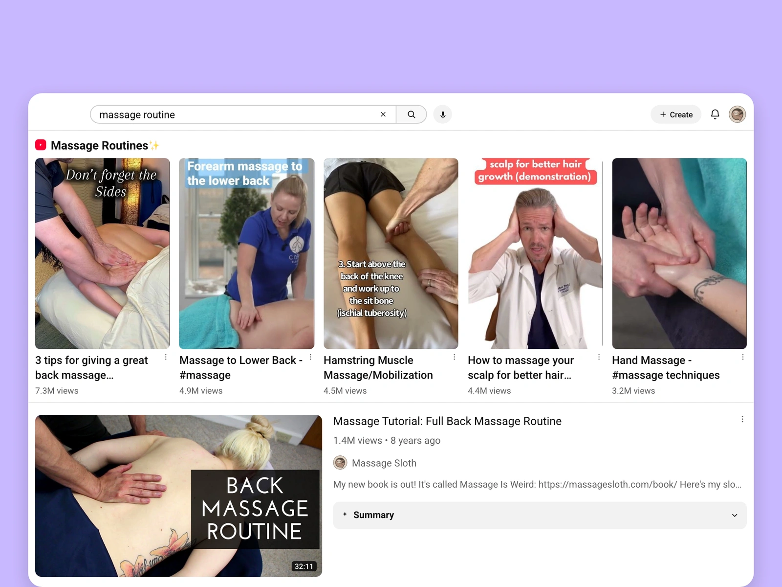 YouTube search results for massage videos