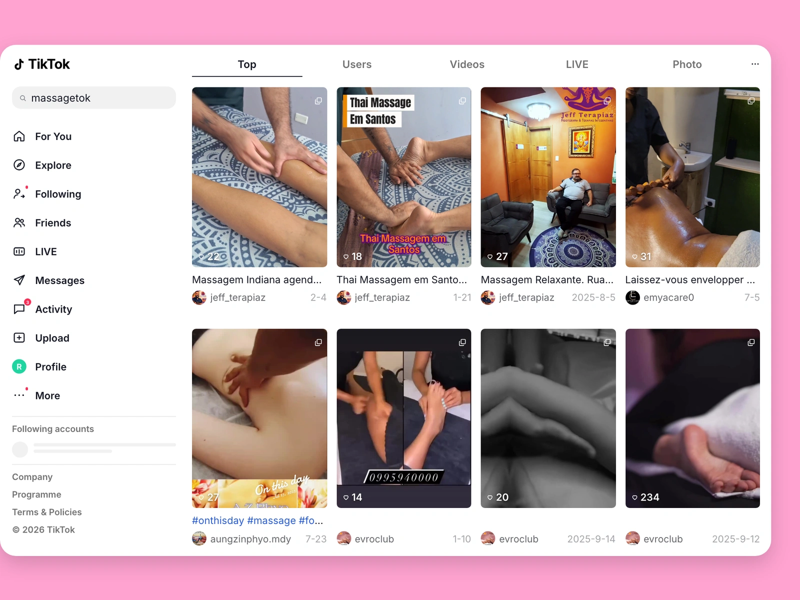 TikTok search results for massage content