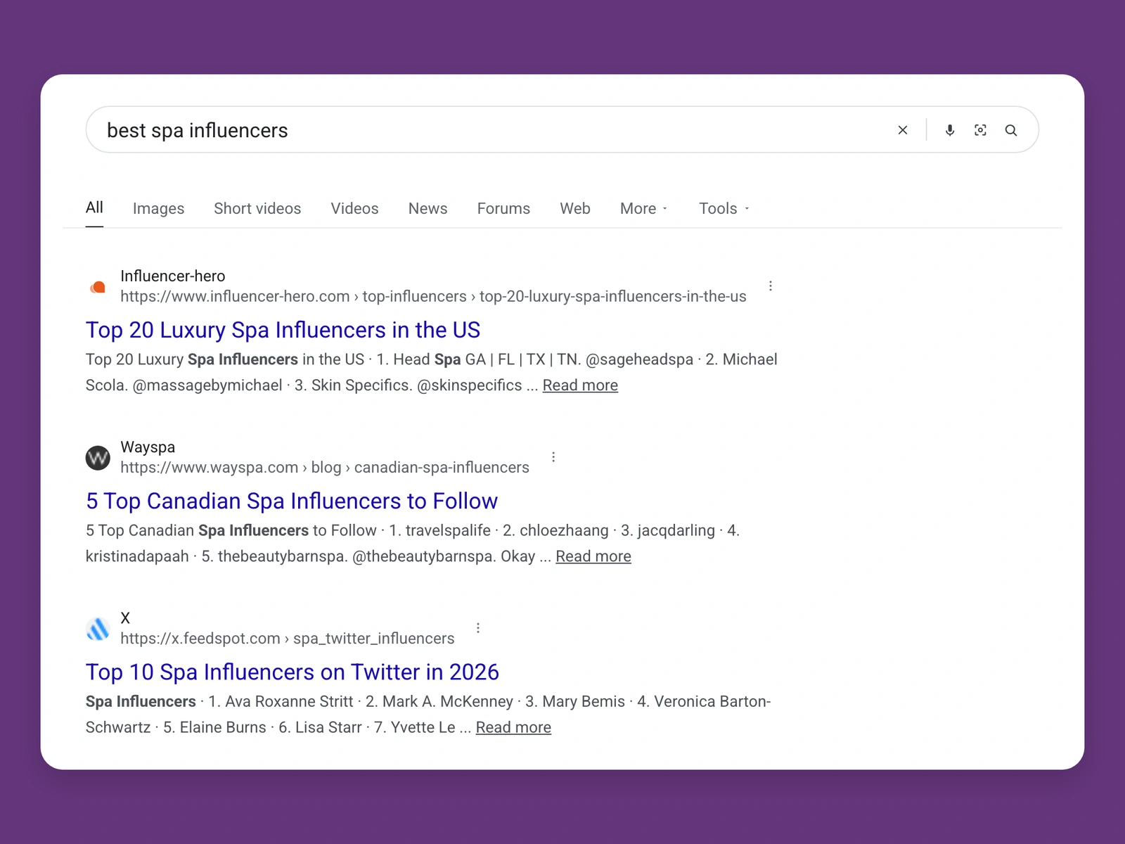 Google results for best spa bloggers