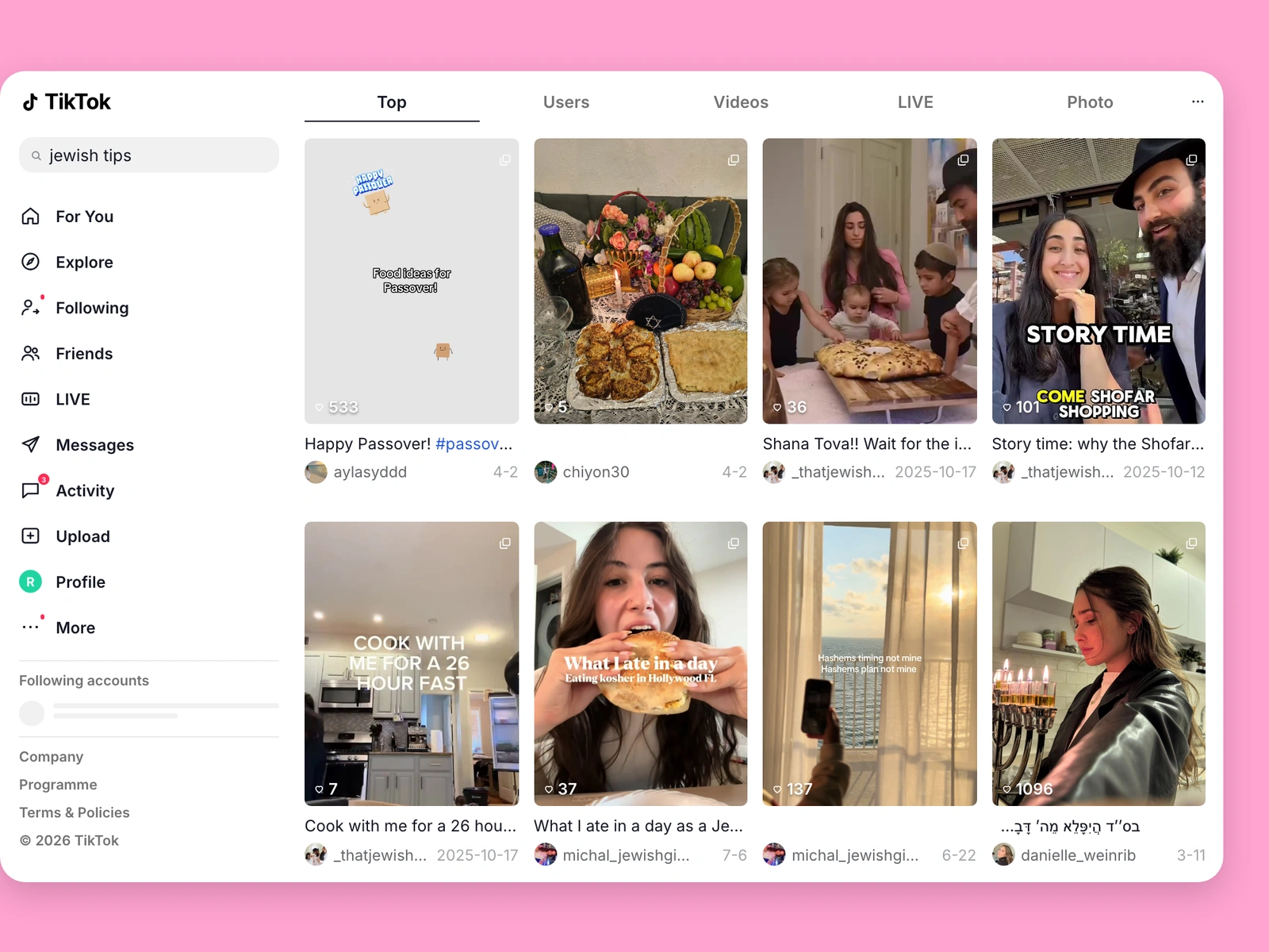 TikTok search results for jewish content