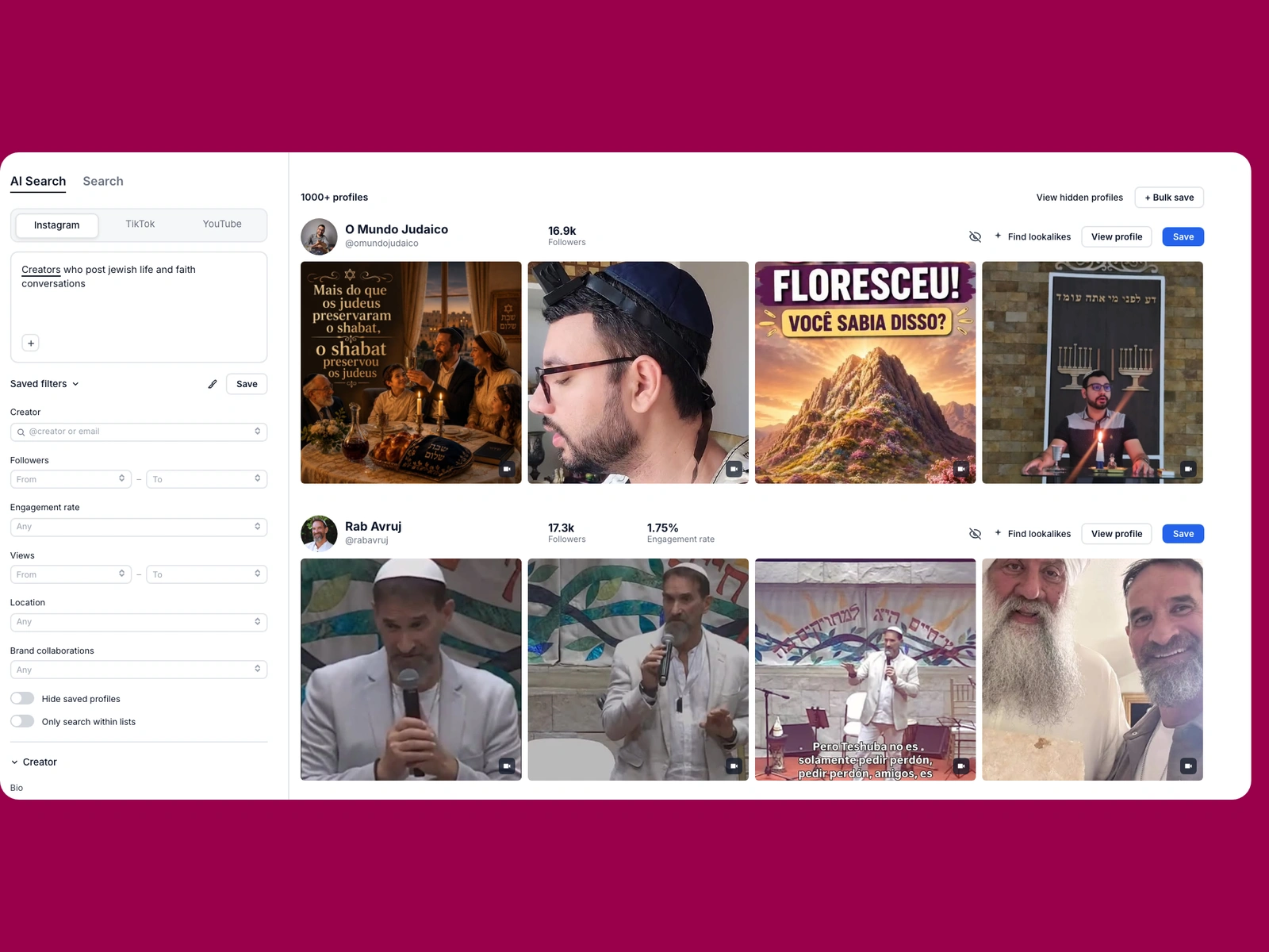 Modash AI search for jewish creators
