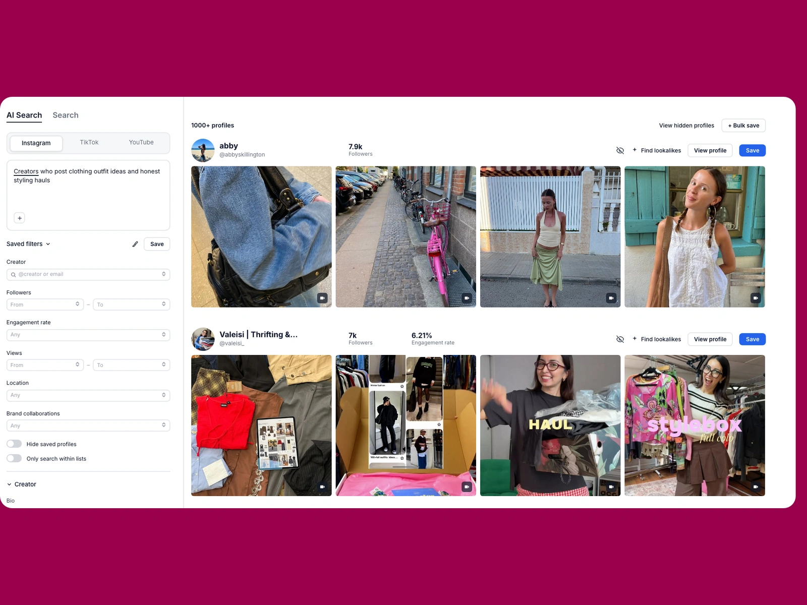 Modash AI search for clothing creators