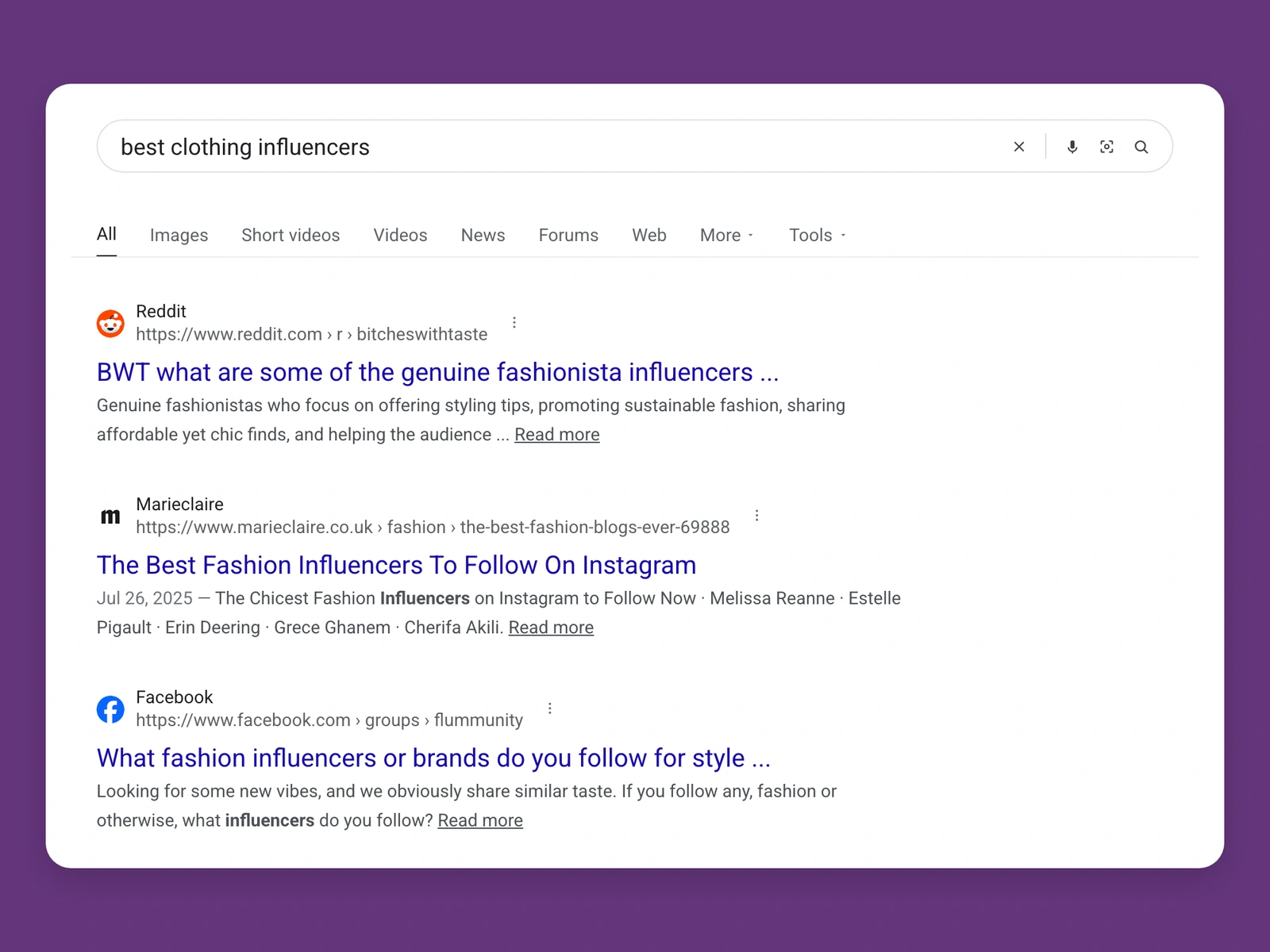 Google results for best clothing bloggers