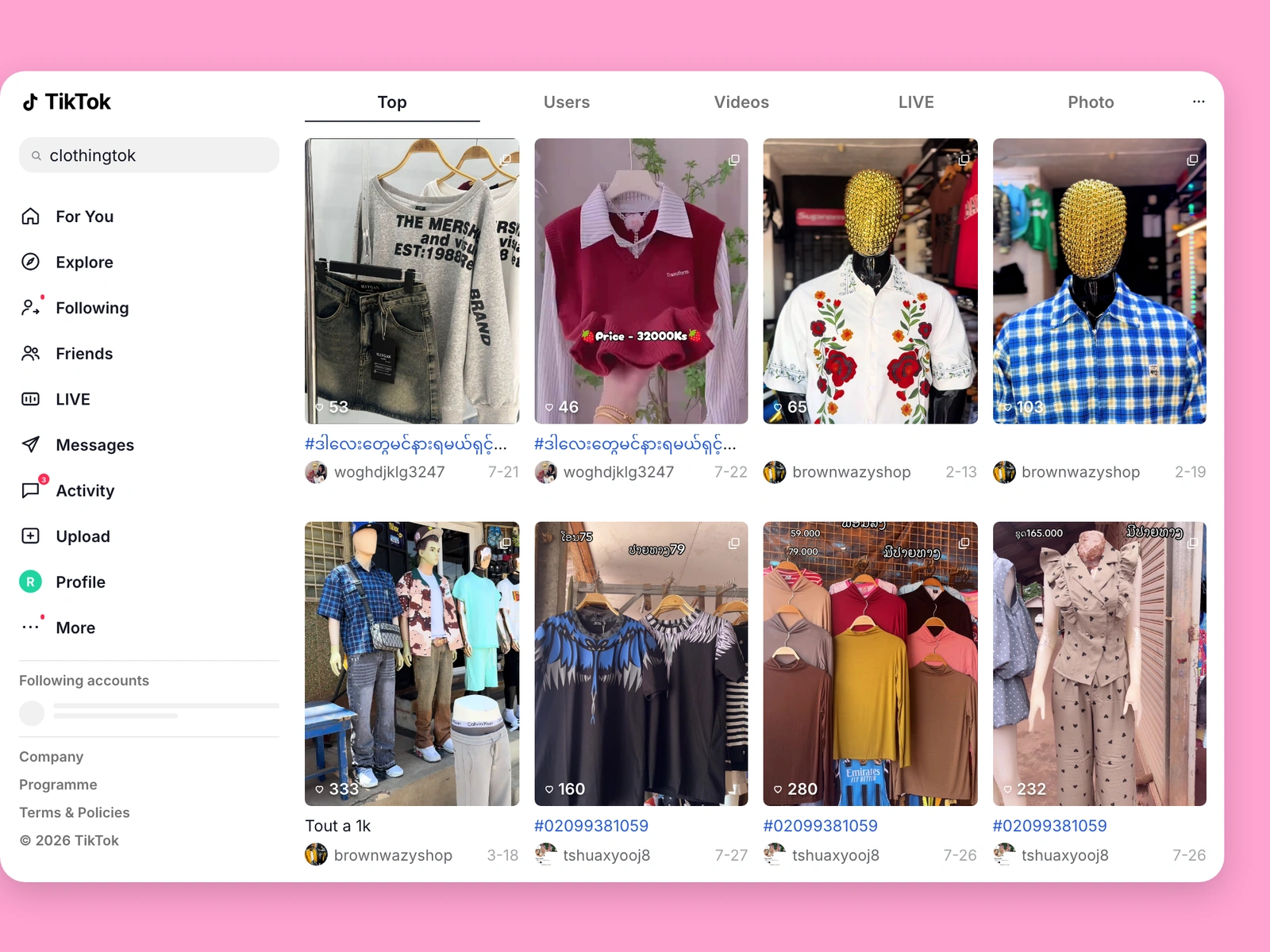 TikTok search results for clothing content