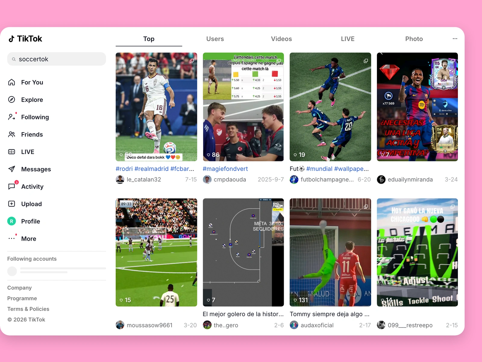 TikTok search results for soccer content