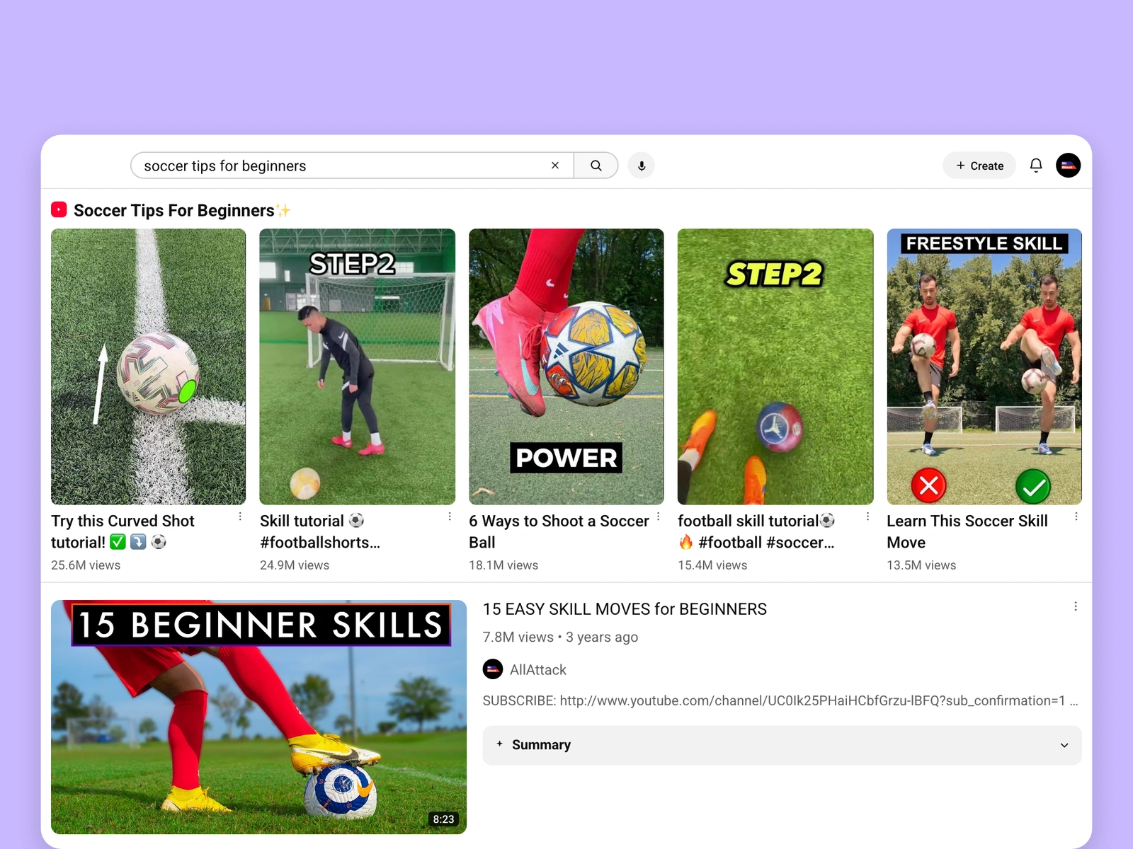 YouTube search results for soccer videos
