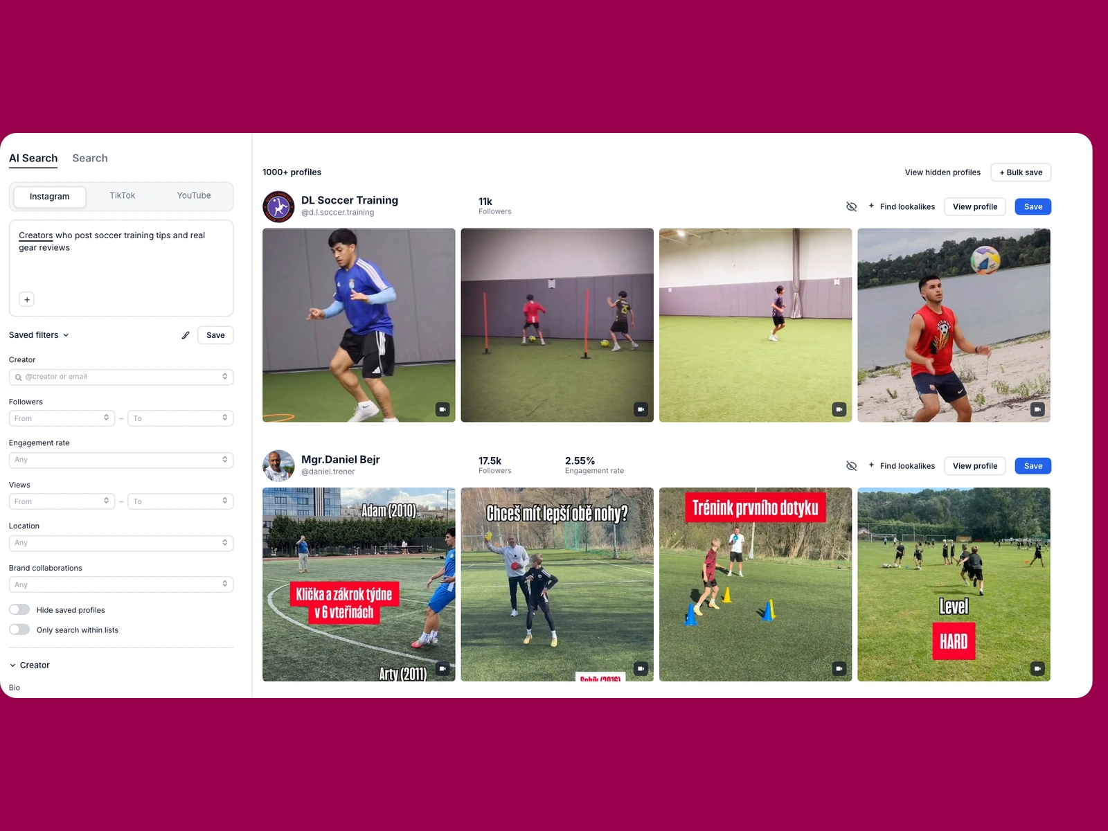 Modash AI search for soccer creators