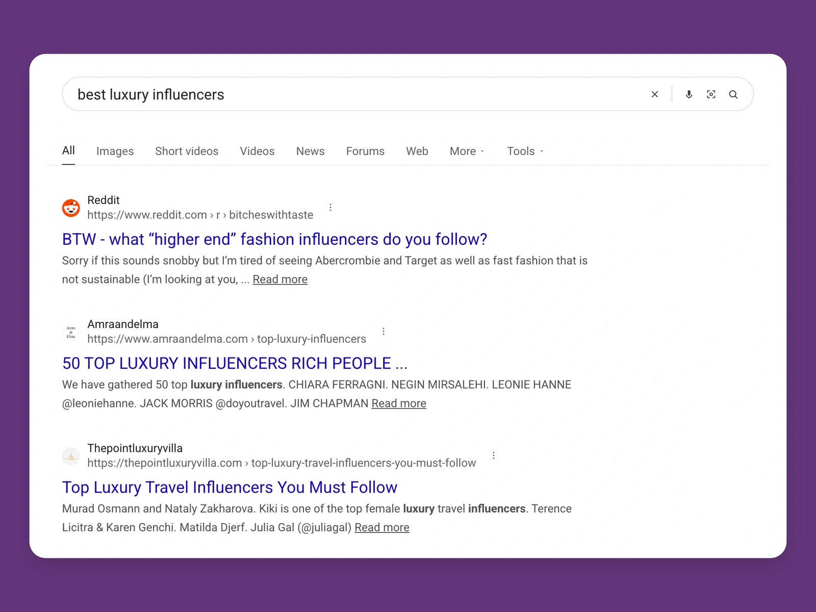 Google results for best luxury bloggers