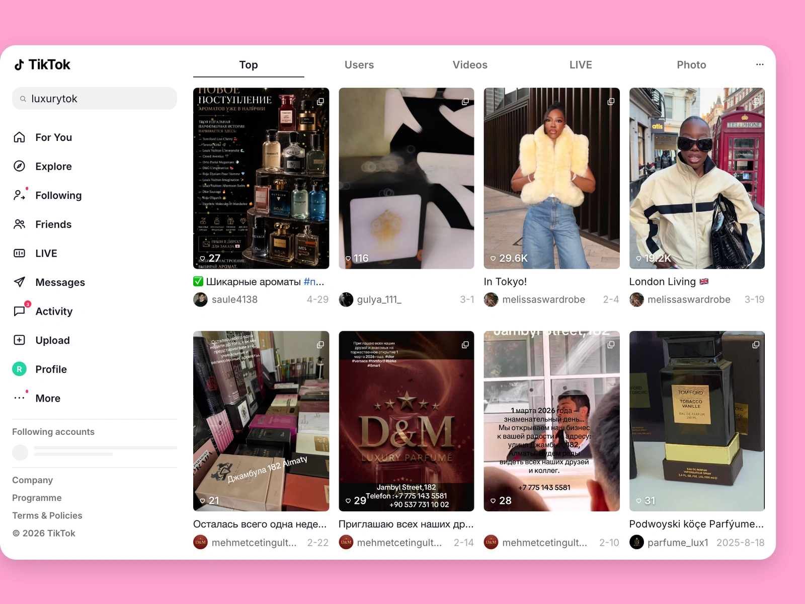 TikTok search results for luxury content