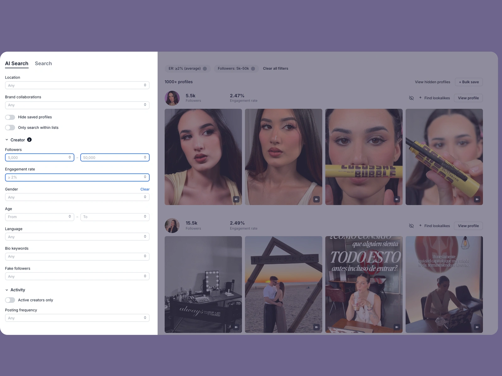 Modash filters narrowing beauty creators