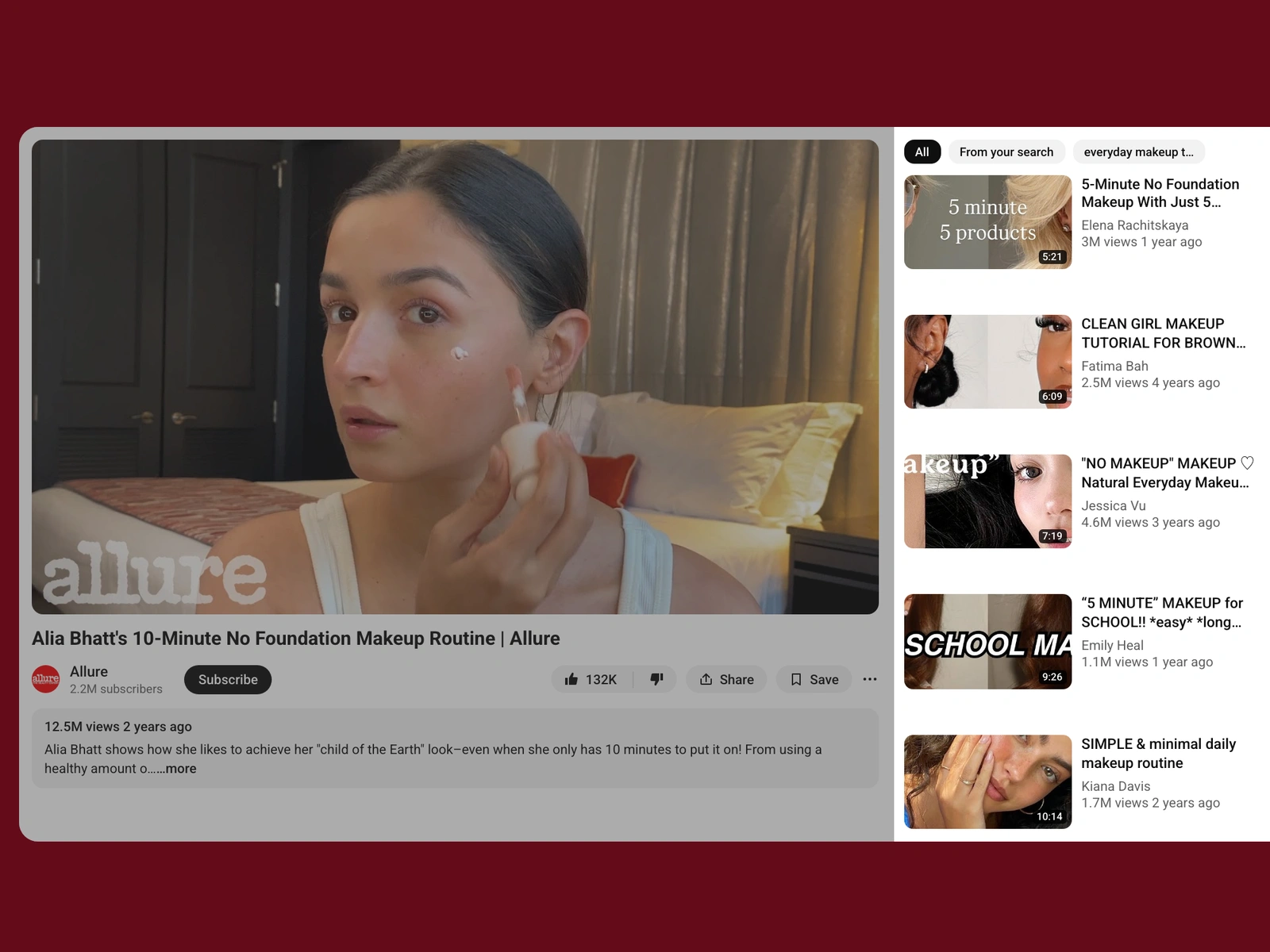 YouTube recommended videos beside a beauty video