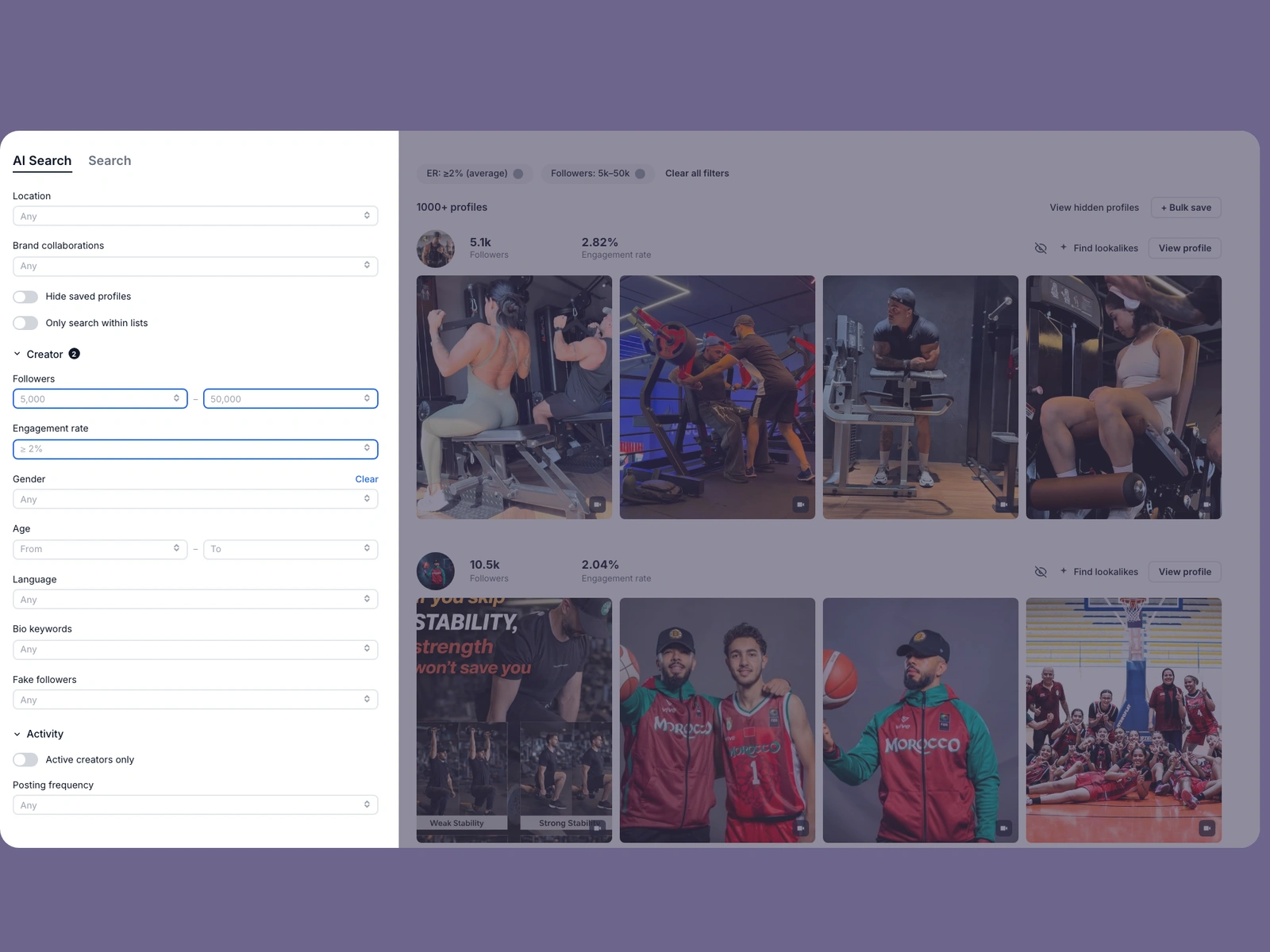 Modash filters narrowing fitness creators