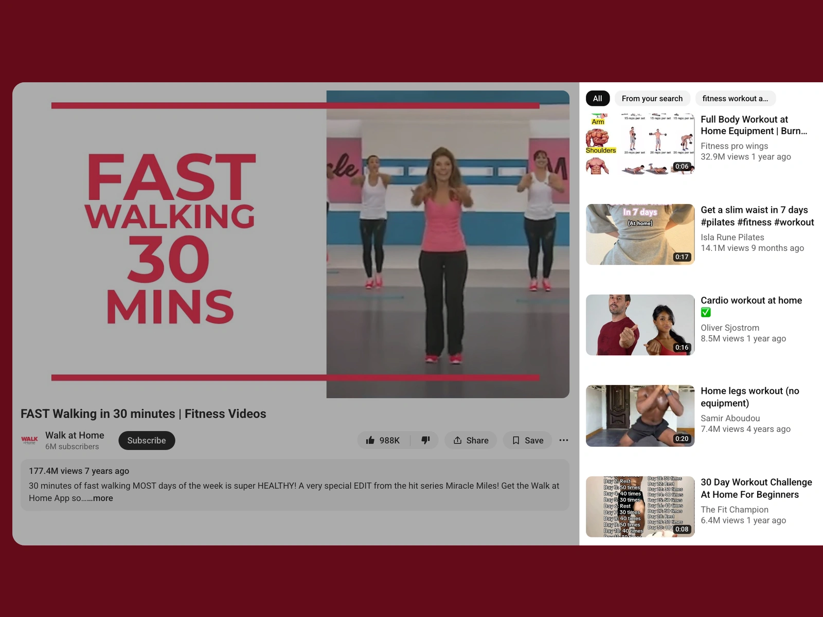 YouTube recommended videos beside a fitness video
