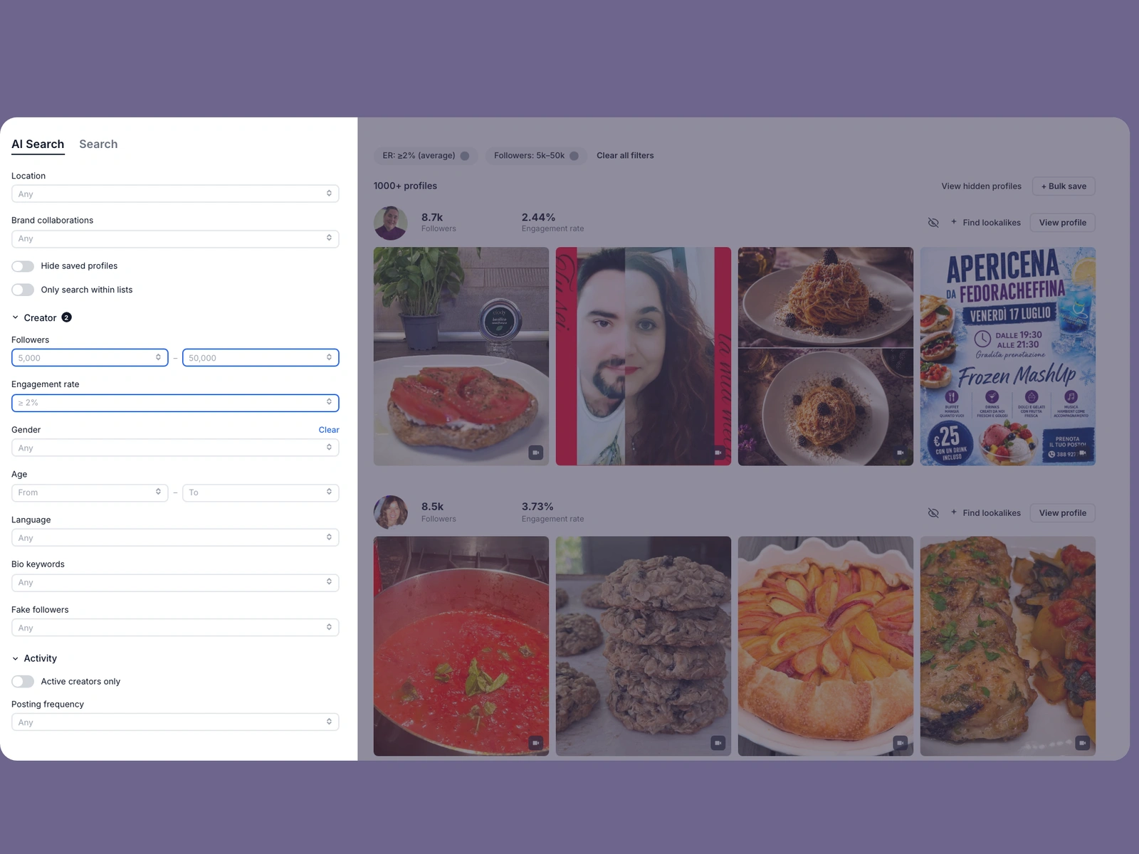 Modash filters narrowing food creators