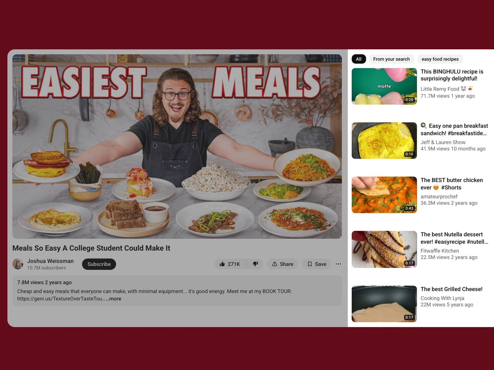 YouTube recommended videos beside a food video
