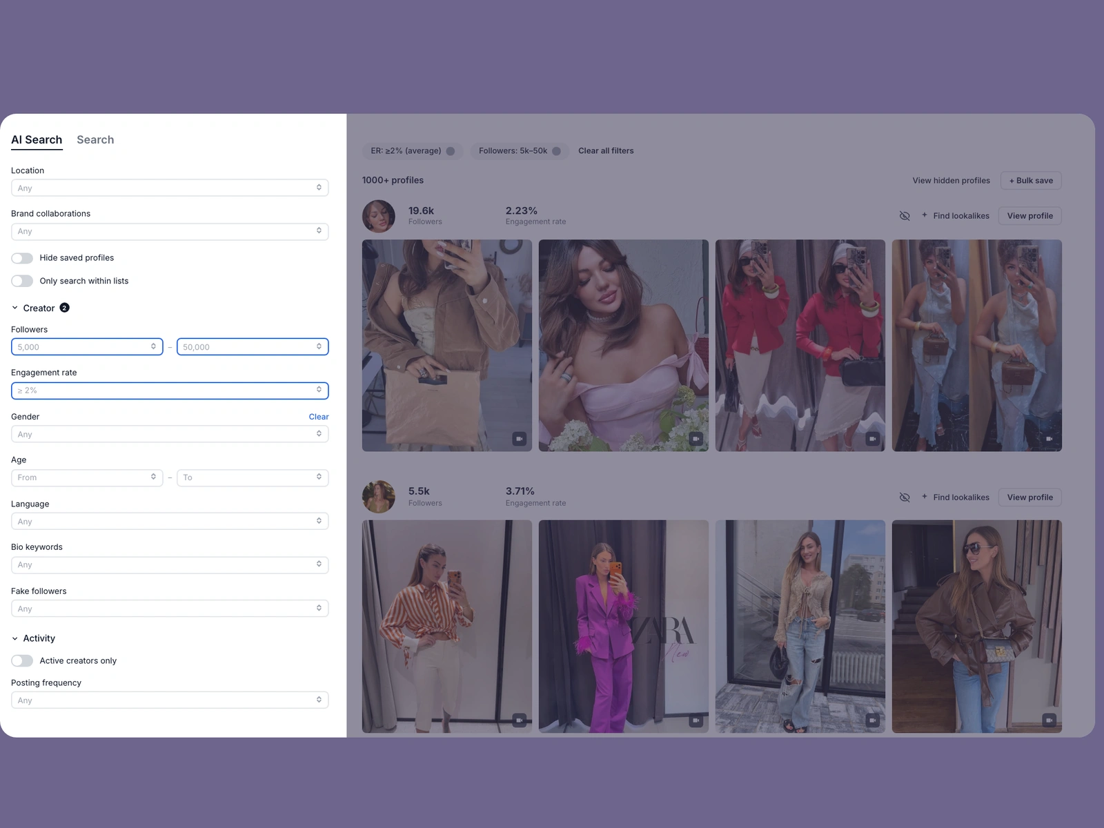 Modash filters narrowing fashion creators