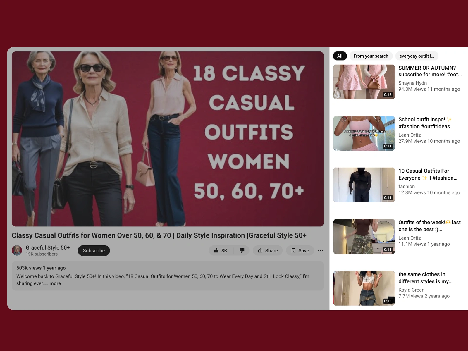 YouTube recommended videos beside a fashion video
