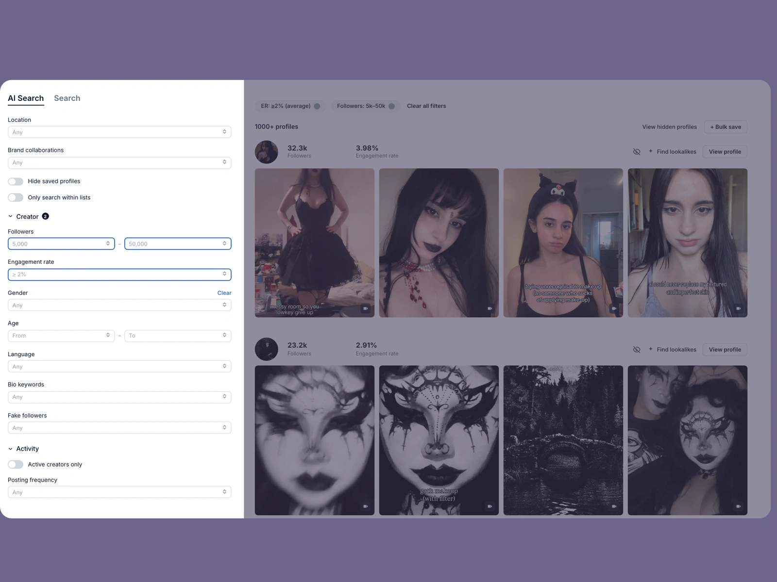 Modash filters narrowing goth creators