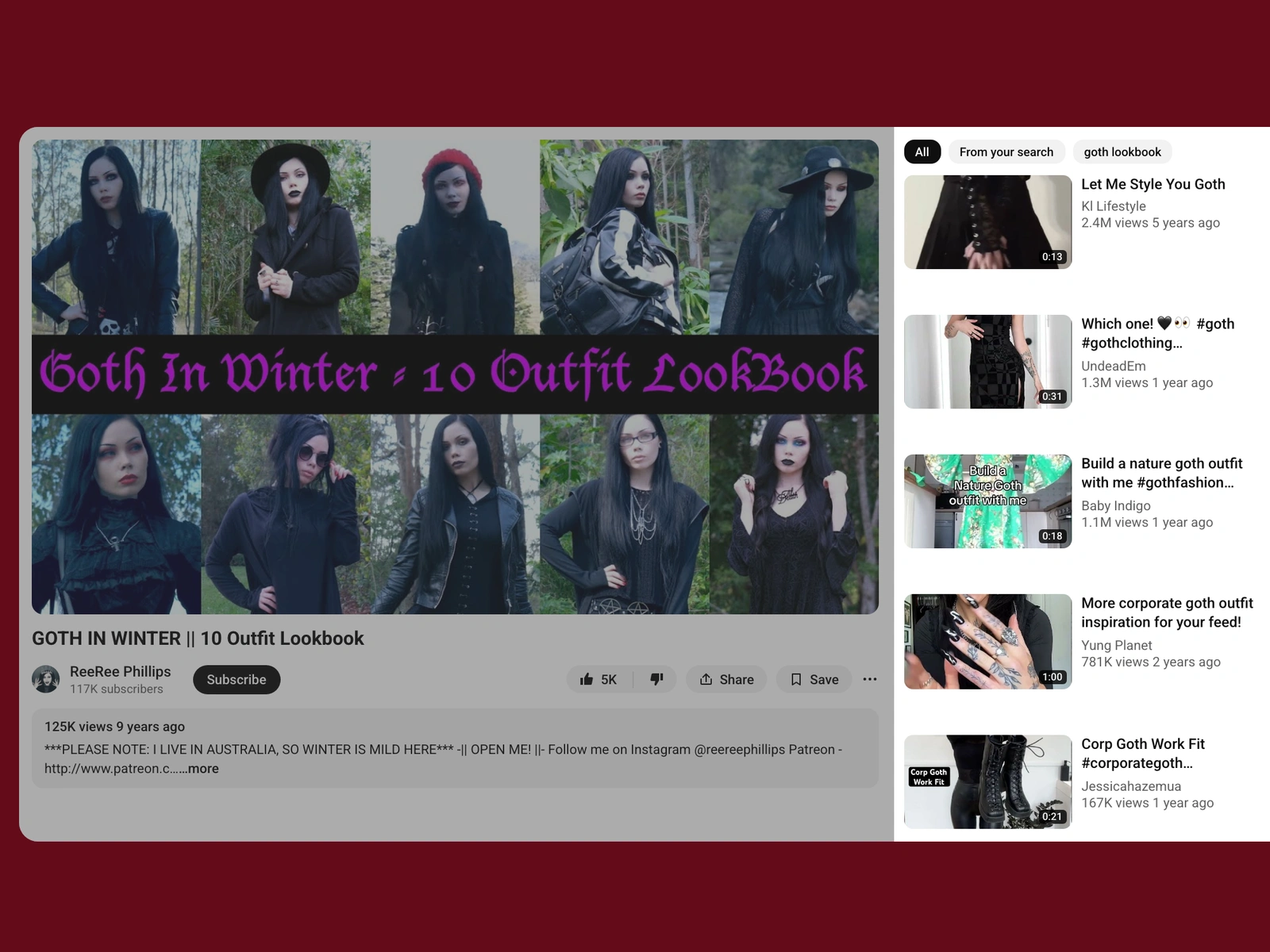 YouTube recommended videos beside a goth video