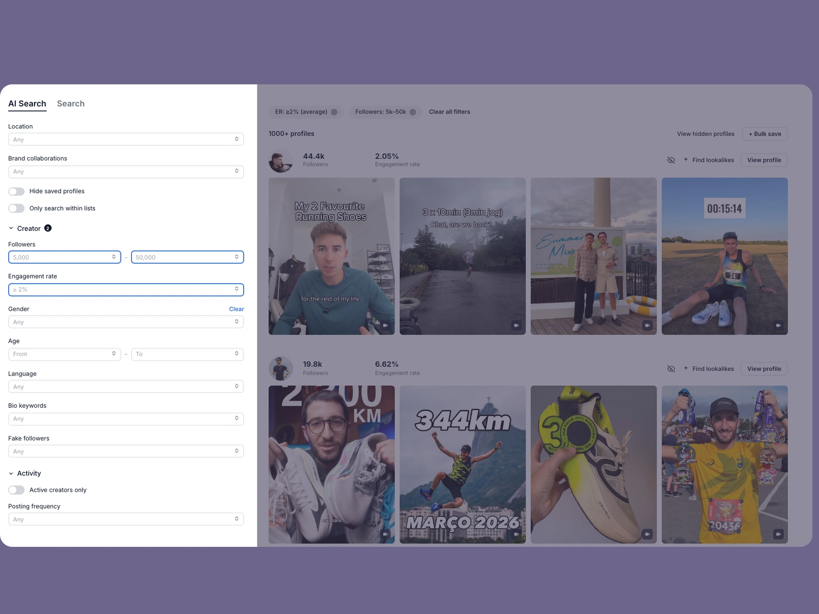 Modash filters narrowing running creators