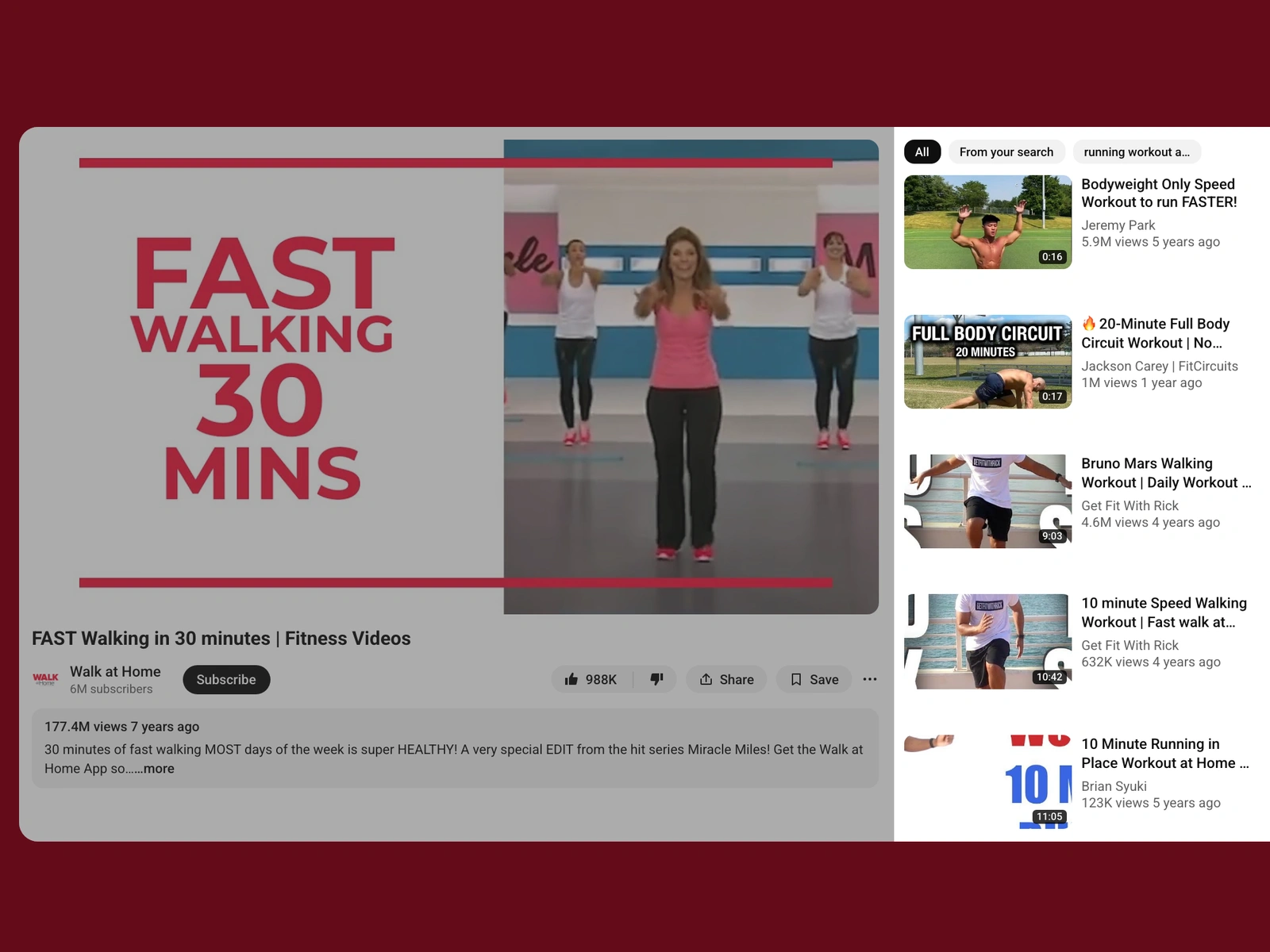 YouTube recommended videos beside a running video