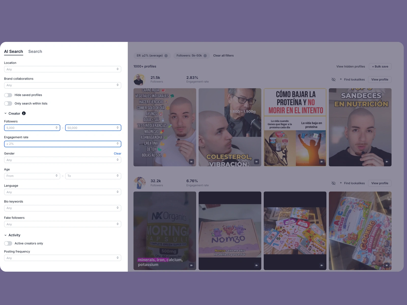 Modash filters narrowing health creators