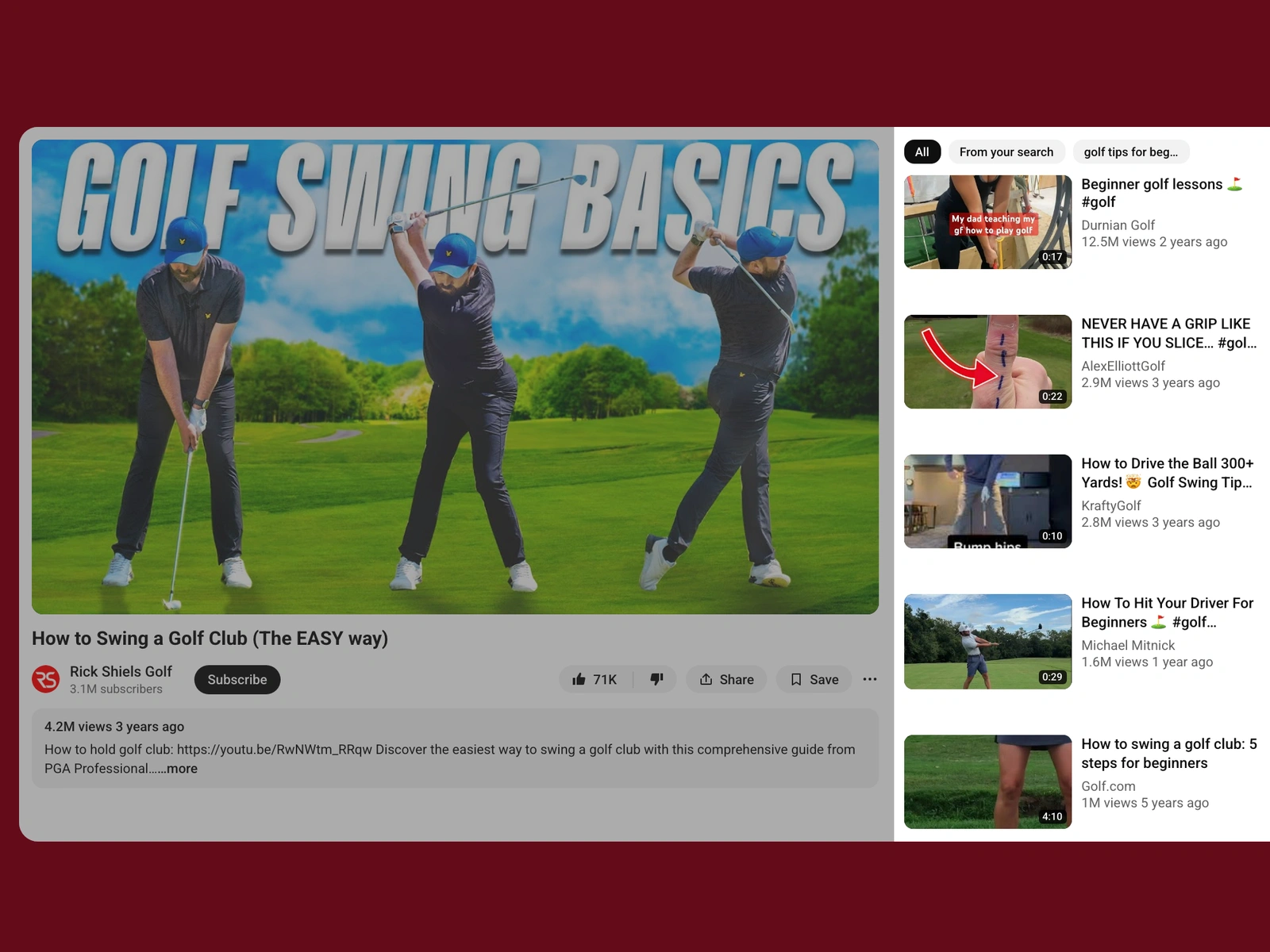 YouTube recommended videos beside a golf video