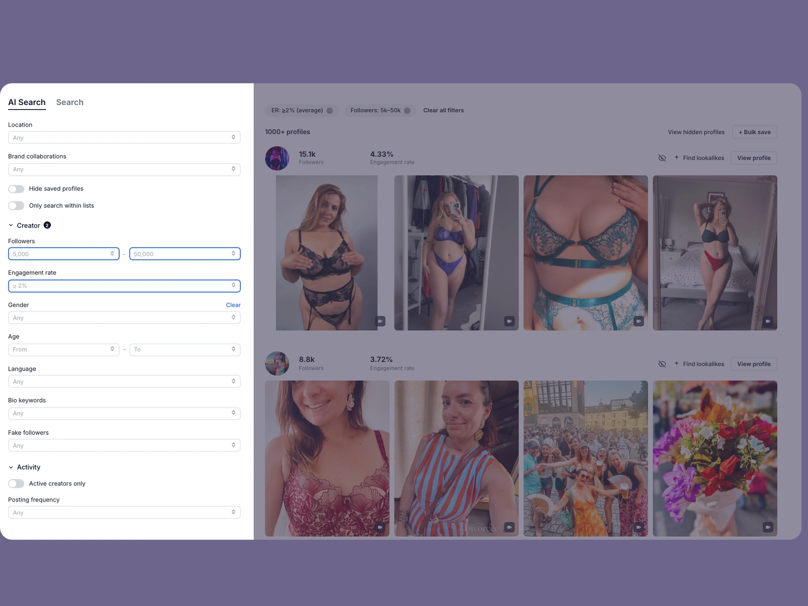 Modash filters narrowing lingerie creators