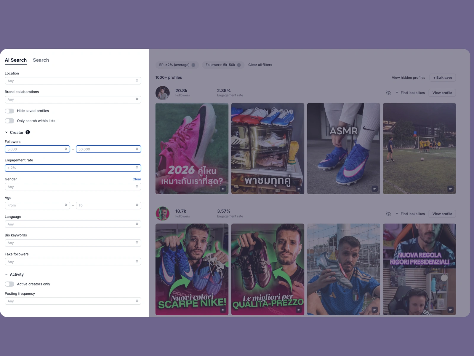 Modash filters narrowing football creators