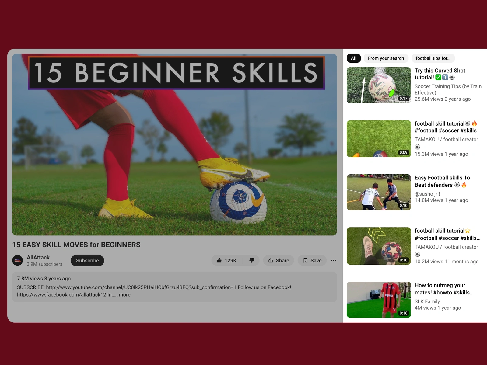 YouTube recommended videos beside a football video