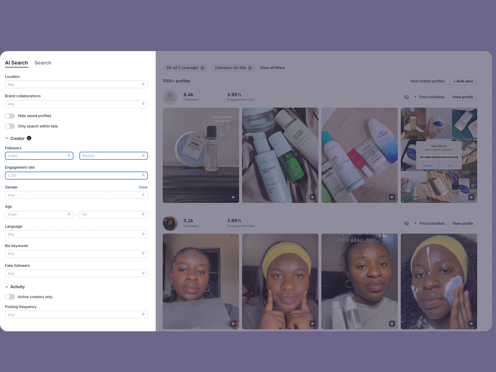 Modash filters narrowing skincare creators