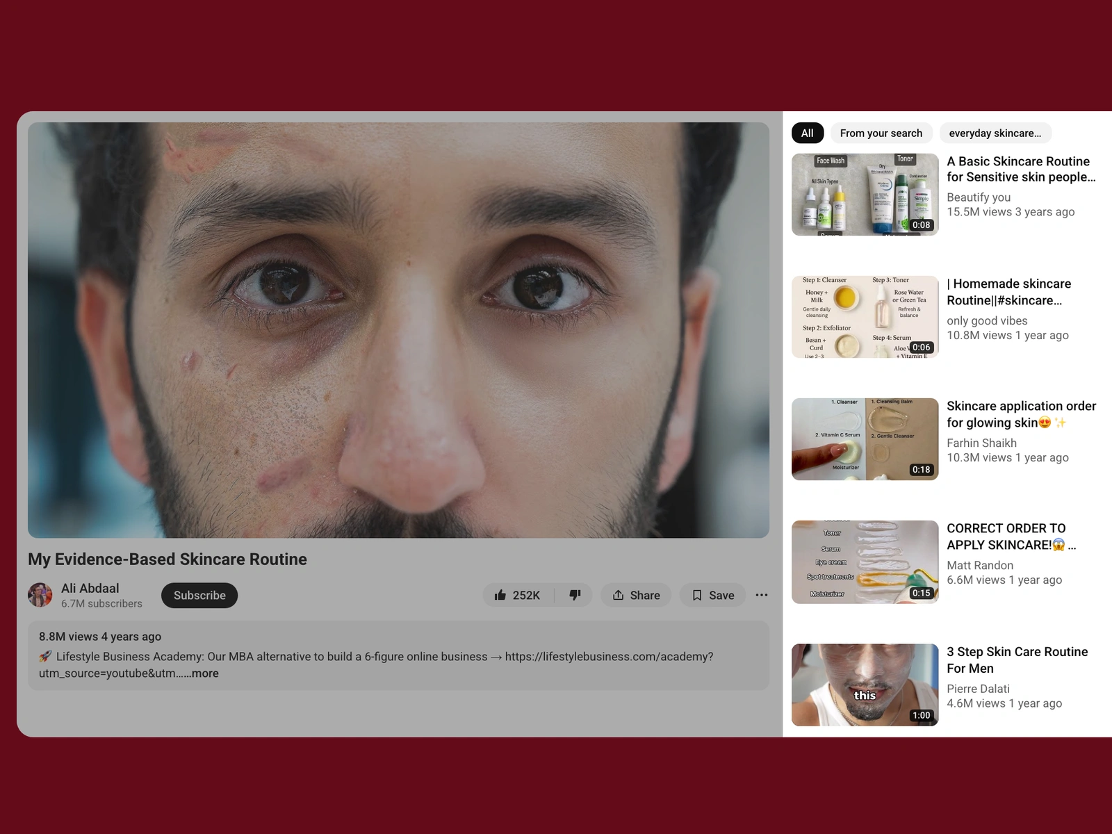YouTube recommended videos beside a skincare video
