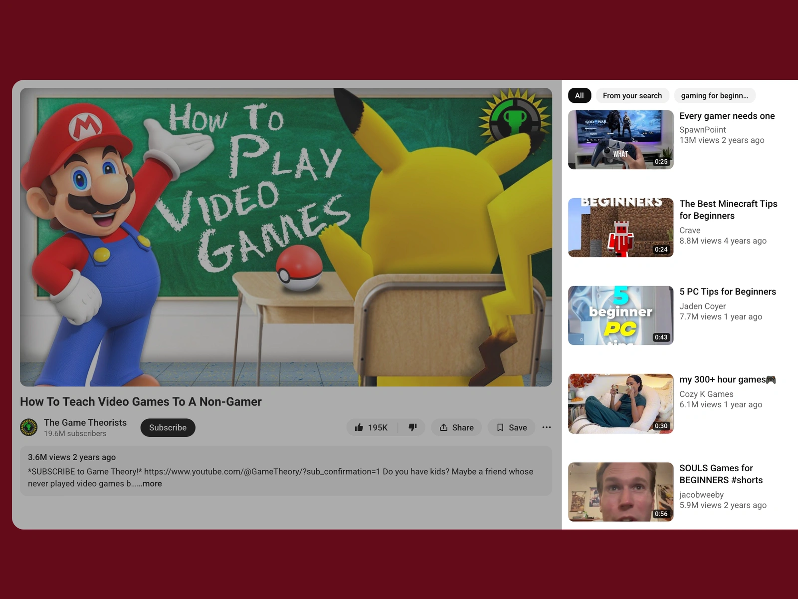 YouTube recommended videos beside a gaming video