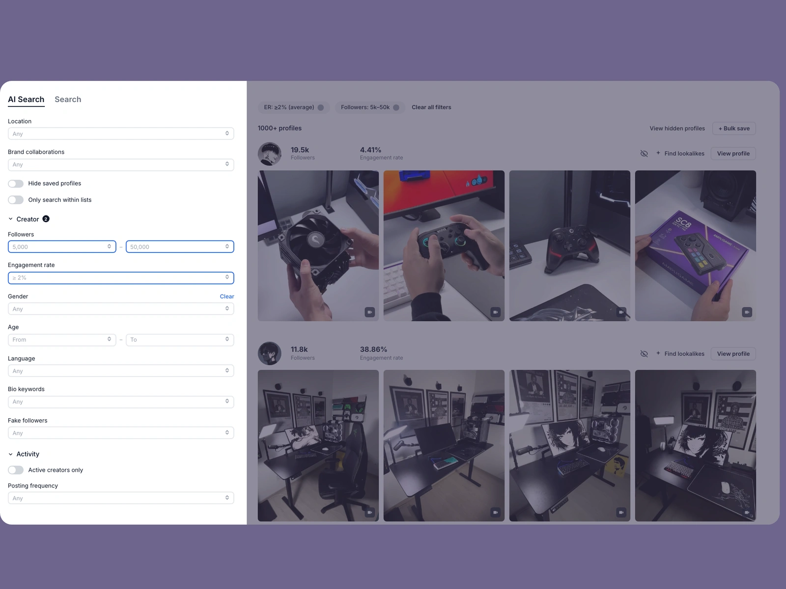 Modash filters narrowing gaming creators