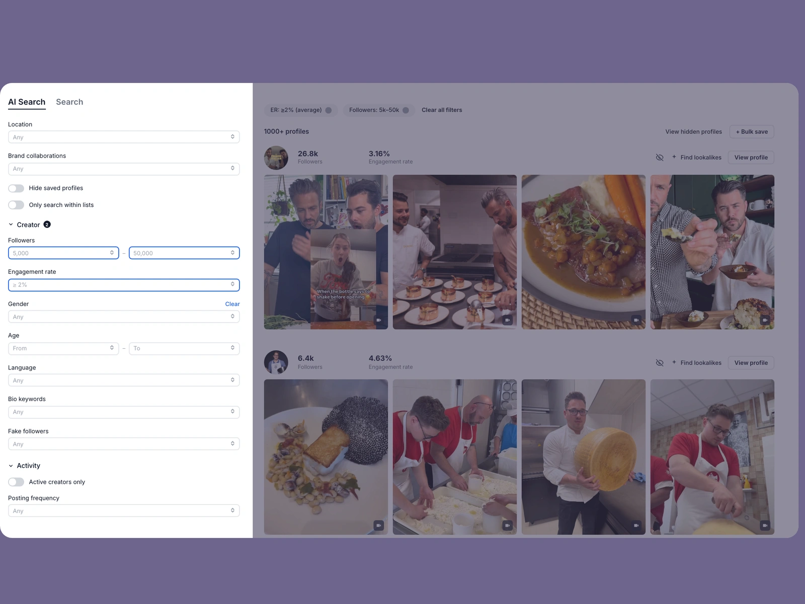 Modash filters narrowing chef creators
