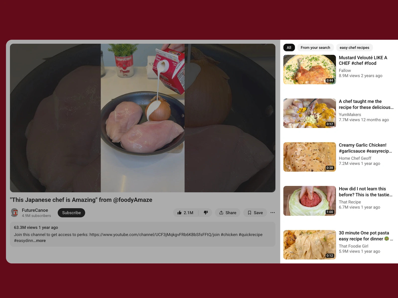 YouTube recommended videos beside a chef video