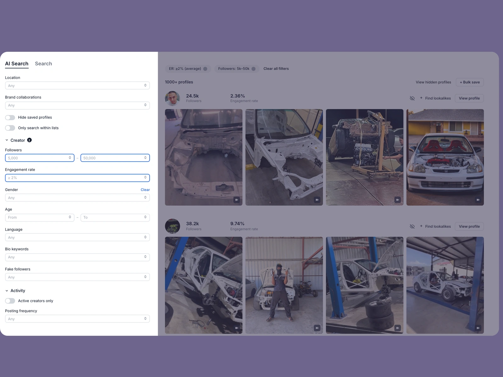 Modash filters narrowing car creators