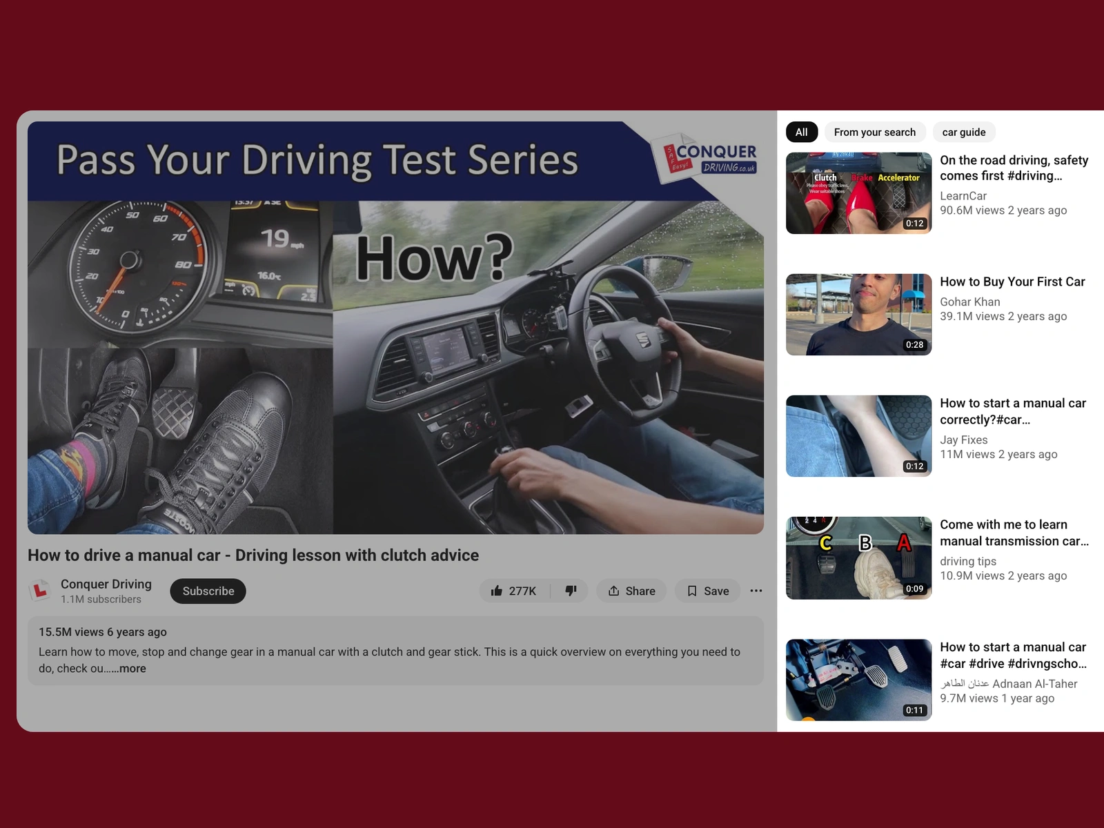 YouTube recommended videos beside a car video