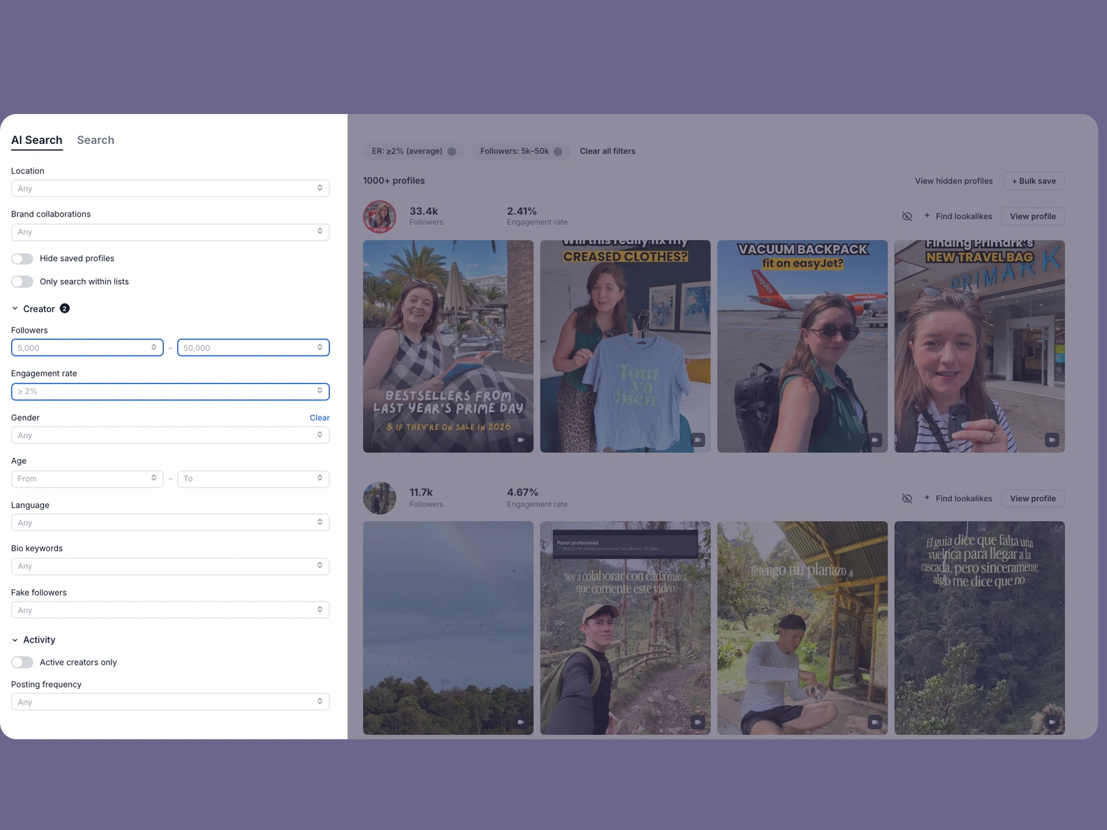 Modash filters narrowing travel creators
