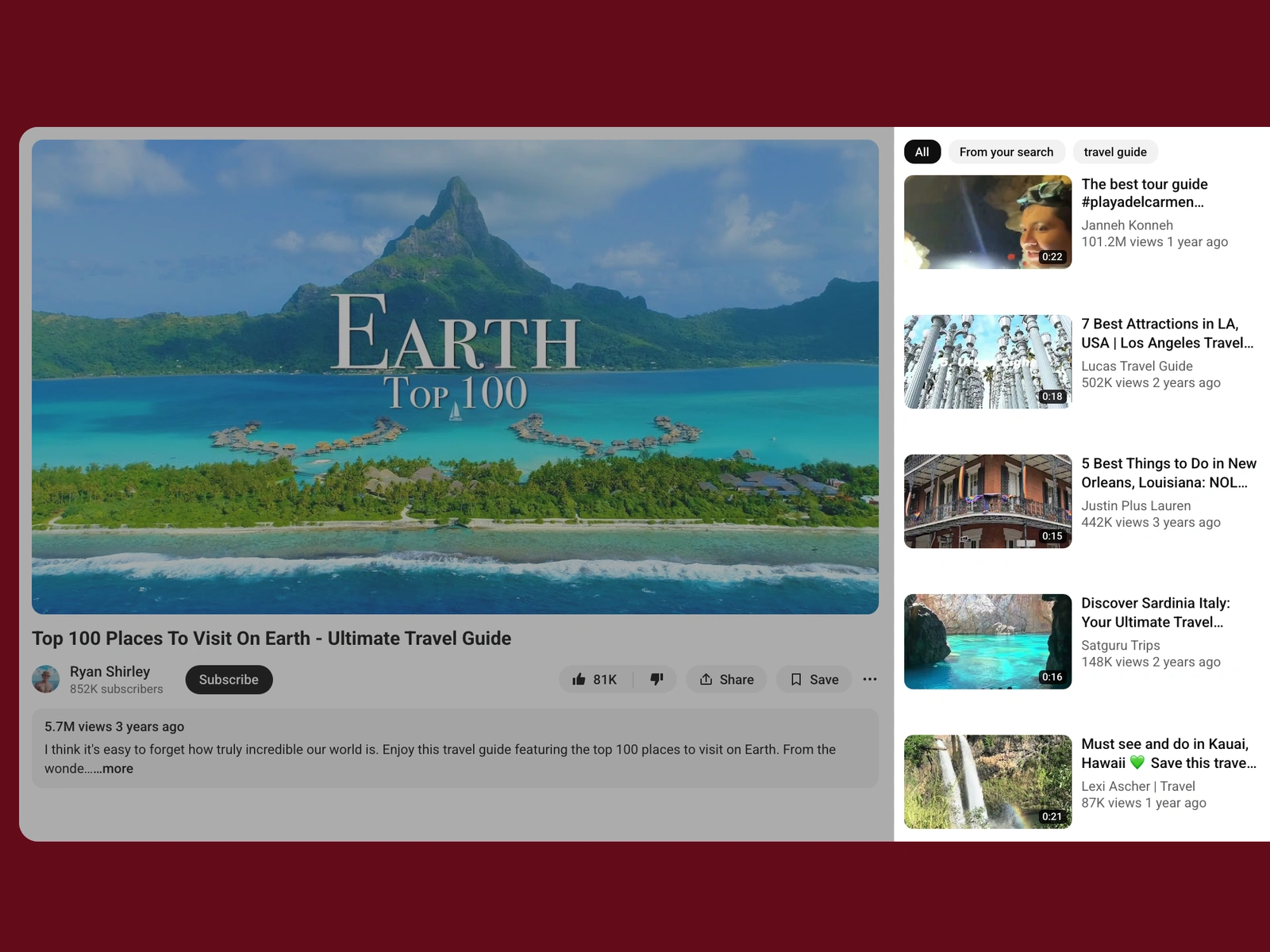 YouTube recommended videos beside a travel video