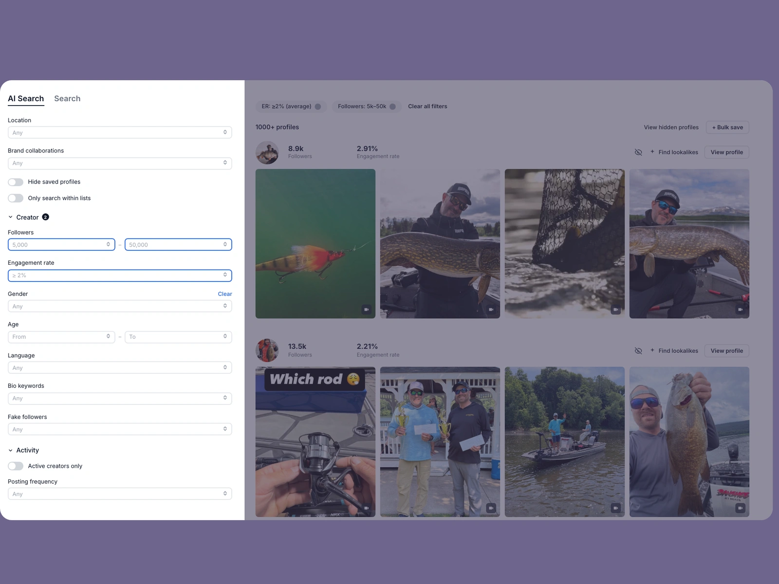 Modash filters narrowing fishing creators