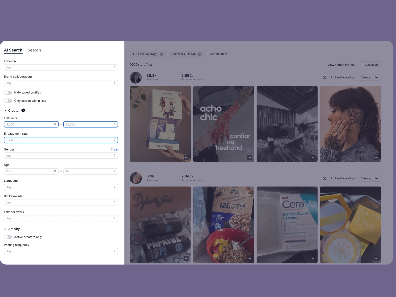 Modash filters narrowing tattoo creators
