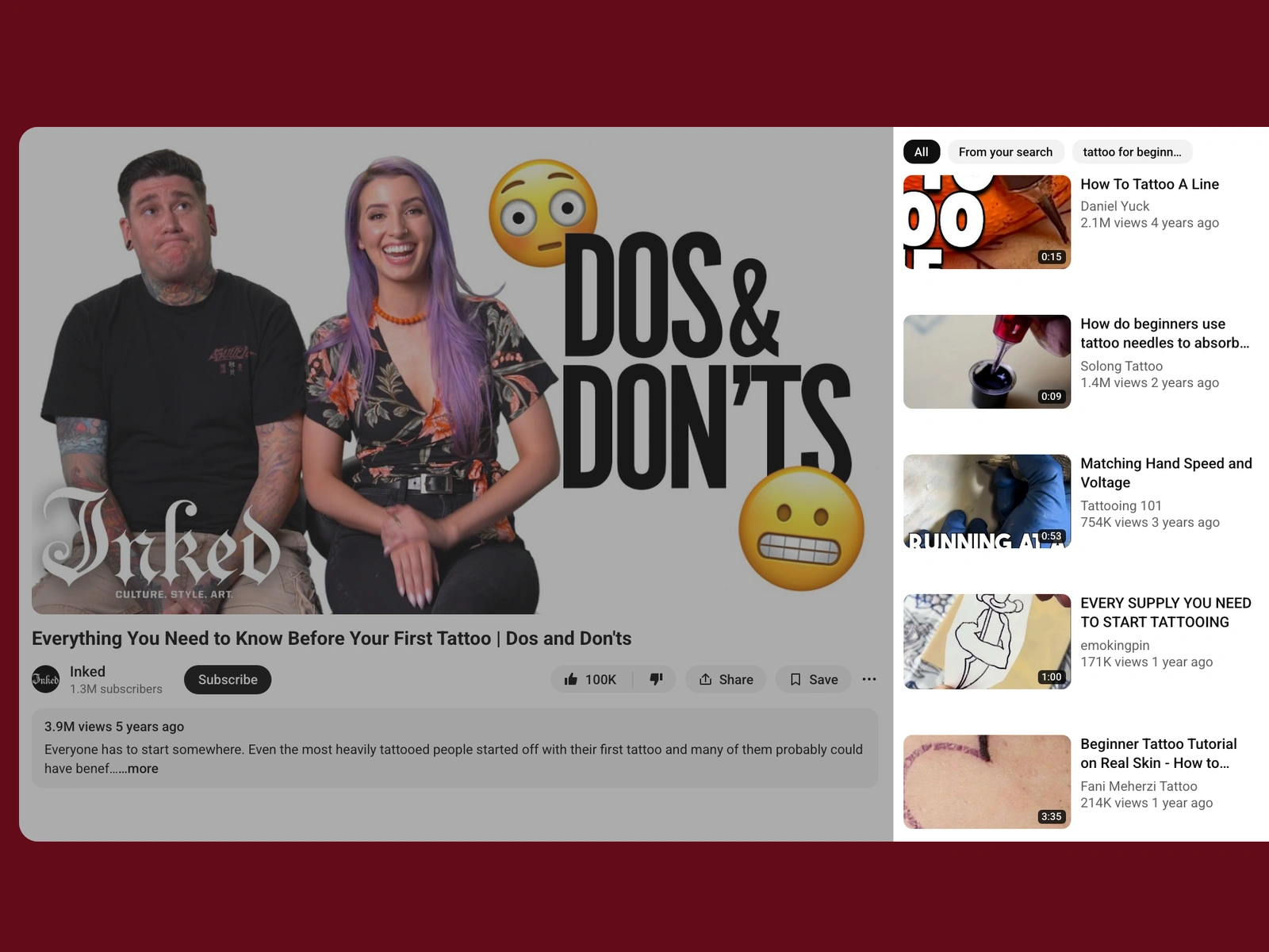 YouTube recommended videos beside a tattoo video