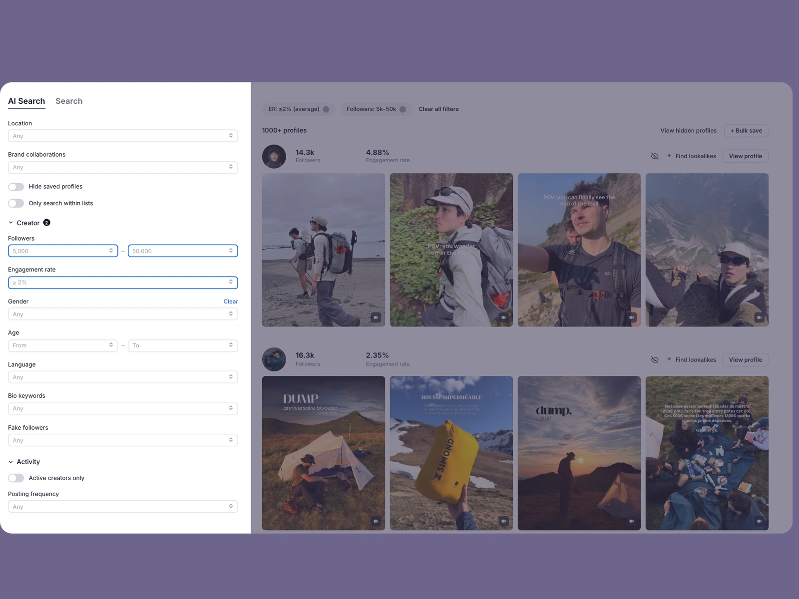 Modash filters narrowing outdoor creators