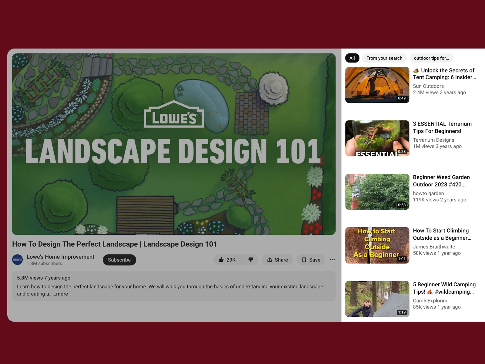 YouTube recommended videos beside a outdoor video