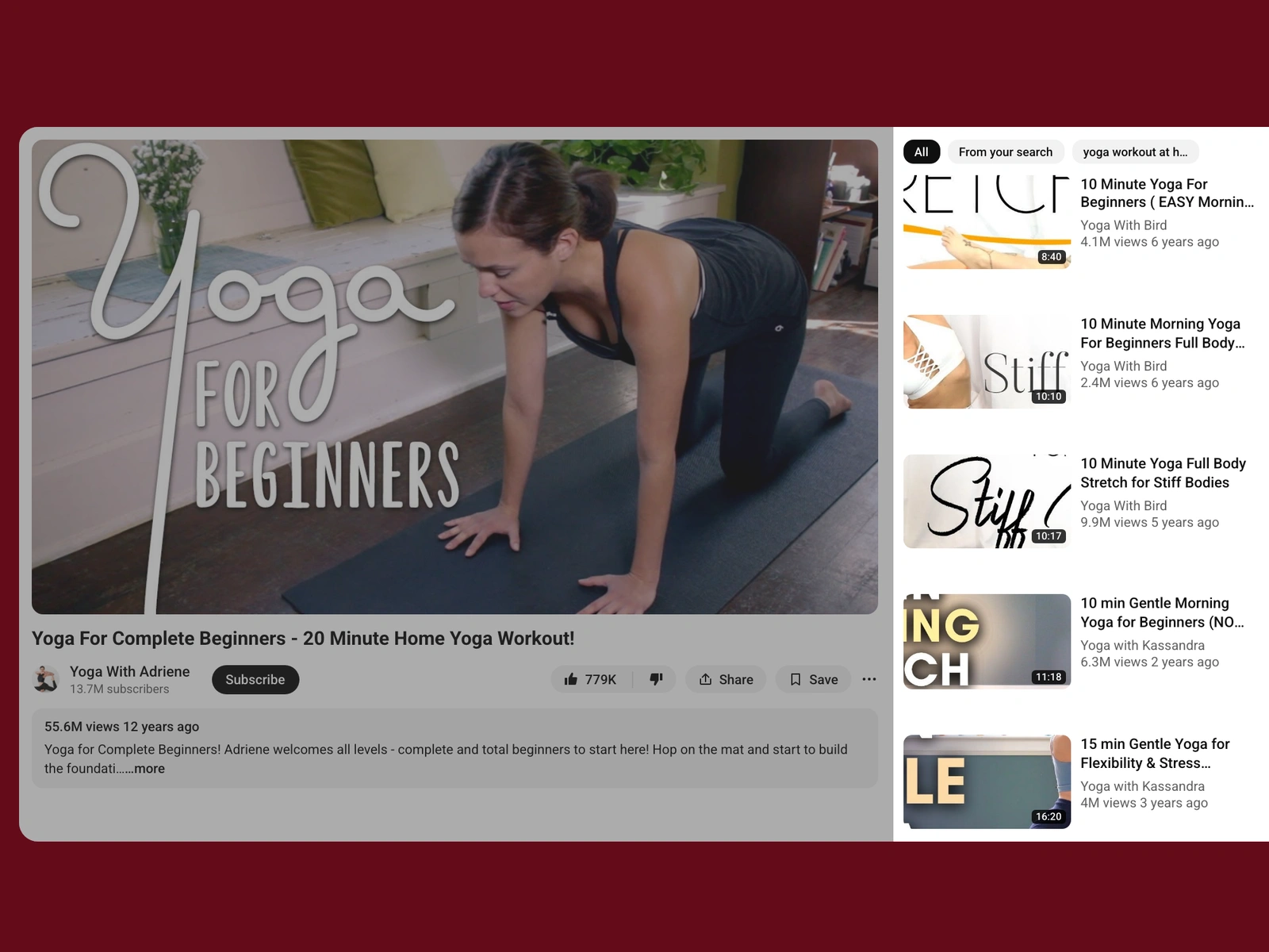 YouTube recommended videos beside a yoga video